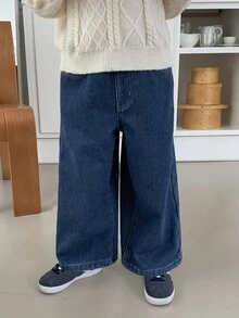 Dazy Kids Young Boys Loose Straight Leg Thermal Lined Long Pants Autumn/Winter Denim Washed Thick Jeans - Blue - View 4