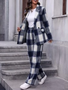 SHEIN 女款格紋長袖夾克與長褲休閒通勤套裝 - 彩色 - 查看 7
