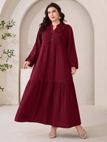 Al Najma Plus Size Solid Color Lace Patchwork Dress - Burgundy - View 4