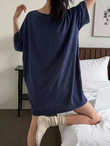 DAZY Minimalist Solid Color Loose V-Neck T-Shirt Style Women's Loungewear Dress Fall - Navy Blue - View 2