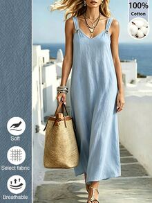 Linhara CURVE Gaun Eyelet Fashion Ukuran Plus untuk Liburan Pantai - Biru - View 7