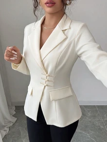Glyssa Women's Solid Color Lapel NeckLong Sleeve Frog Button Design Elegant Blazer - Apricot - View 3