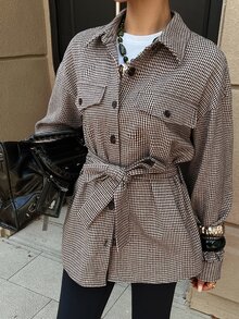 DAZY Women's Plaid Waist Knot Casual Versatile Long Sleeve Jacket Fall - Coffee Brown - View 6