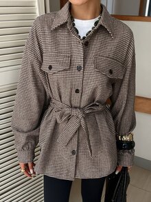 DAZY Women's Plaid Waist Knot Casual Versatile Long Sleeve Jacket Fall - Coffee Brown - View 9