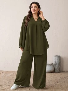 SHEIN Essnce طقم نسائي مقاس كبير بلون موحد، قميص بياقة وأكمام طويلة وبنطال واسع الساق، كاجوال من قطعتين للخروج والعطلات في فصل الخريف، باللون الأخضر الزيتوني - أخضر عسكري - مشاهدة 2