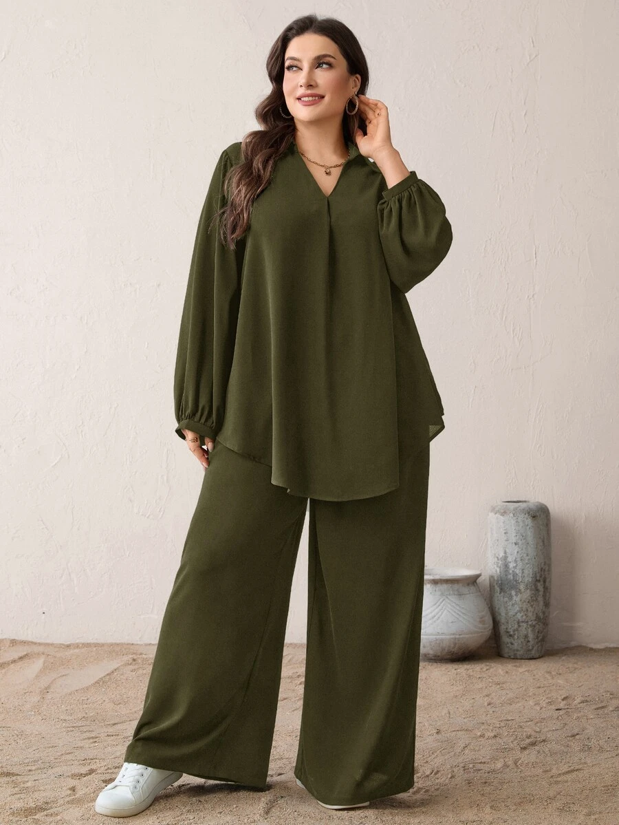 SHEIN Essnce طقم نسائي مقاس كبير بلون موحد، قميص بياقة وأكمام طويلة وبنطال واسع الساق، كاجوال من قطعتين للخروج والعطلات في فصل الخريف، باللون الأخضر الزيتوني