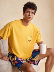 SpongeBob SquarePants | SHEIN طقم ملابس منزلية للرجال بطبعة كرتونية: ملابس علوية وشورت - أصفر - مشاهدة 5
