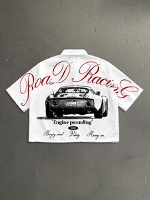 StoneGrade American Vintage Racing Car Silhouette Cursive English Typography Fashion Print Men's White Standard Size Cropped Drop Shoulder Loose Fit Short Sleeve Shirt - White - View 1