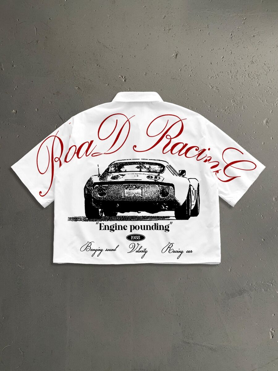 StoneGrade American Vintage Racing Car Silhouette Cursive English Typography Fashion Print Men's White Standard Size Cropped Drop Shoulder Loose Fit Short Sleeve Shirt - White - View 1