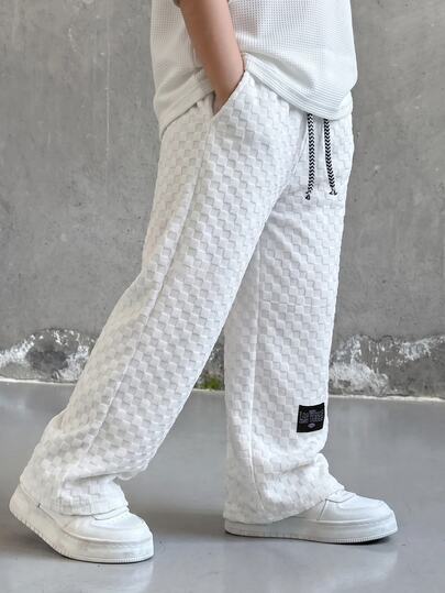 SHEIN 1pc Young Boys Casual Sports Cute Daily Comfortable Street Style Versatile Checkerboard Black & White Checkerboard Straight Leg Pants Suitable For Outings, School, Daily Gatherings, Spring, Summer, Autumn, Winter, Back To School Outfits, Fall Outfits