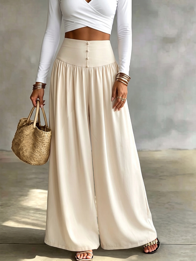SHEIN Elenzya Women's Solid Color High Waist Button Design Wide Leg Loose Pants