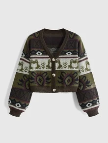 ROMWE Fairycore Plus Size Women's Mori Style Knit Cardigan, Vintage Totem Short Loose Sweater, Autumn/Winter Daily Outerwear - Multicolor - View 1