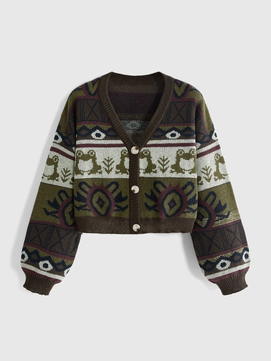 ROMWE Fairycore Plus Size Women's Mori Style Knit Cardigan, Vintage Totem Short Loose Sweater, Autumn/Winter Daily Outerwear - Multicolor - View 1