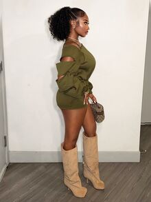 BamGleam Solid Color Asymmetric Collar Top And Skirt 2 Pieces Set - Army Green - View 3