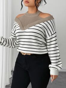 SHEIN Elenzya 大尺碼女款假兩件式露肩拼色條紋時尚套頭毛衣 - 杏色 - 查看 5