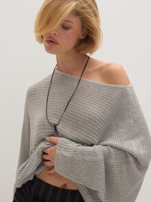 MUSEYN Sweater Lengan Panjang Kasual Wanita Warna Polos dengan Bahu Asimetris untuk Sehari-hari - Grey - View 4