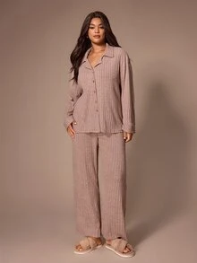 Lazeform Super Soft Ribbed Women's Plus Size Pajama Set Casual Loungewear - Pink - View 6