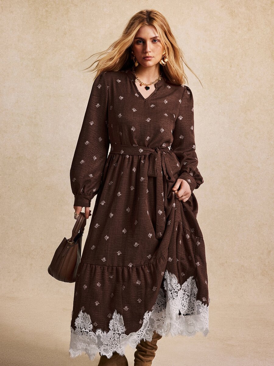 Écloséra Curve Plus Size French V-Neck Long Sleeve A-Line Dress With Lace Hem