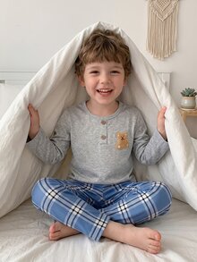 Young Boy Gray Long Sleeve Bear Patch Top & Plaid Pants Set Loungewear - Multicolor - View 7