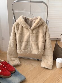Comfortcana Women's Fashionable Solid Color Fleece Cropped Hooded Coat In Fall/Winter - Apricot - View 3