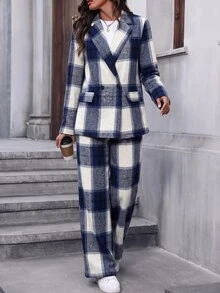 SHEIN 女款格紋長袖夾克與長褲休閒通勤套裝 - 彩色 - 查看 5