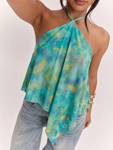 SHEIN BAE Top de tirantes con cuello halter y dobladillo asimétrico para mujer, estilo casual minimalista bohemio elegante romántico vintage con estampado, atuendo para ir al trabajo, festival de música, playa, vacaciones, atuendo de verano para mujer - Multicolor - Ver 3