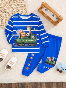 SHEIN Baby Boy Snug Fit Animal Stripe Long Sleeve & Long Pants 2 Pieces Set Loungewear Pajamas - Multicolor - View 1