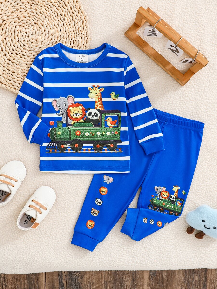 SHEIN Baby Boy Snug Fit Animal Stripe Long Sleeve & Long Pants 2 Pieces Set Loungewear Pajamas - Multicolor - View 1
