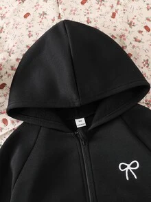 SHEIN 青少年女孩蝴蝶結刺繡圖案拉鍊連帽衛衣 - 黑色 - 查看 6