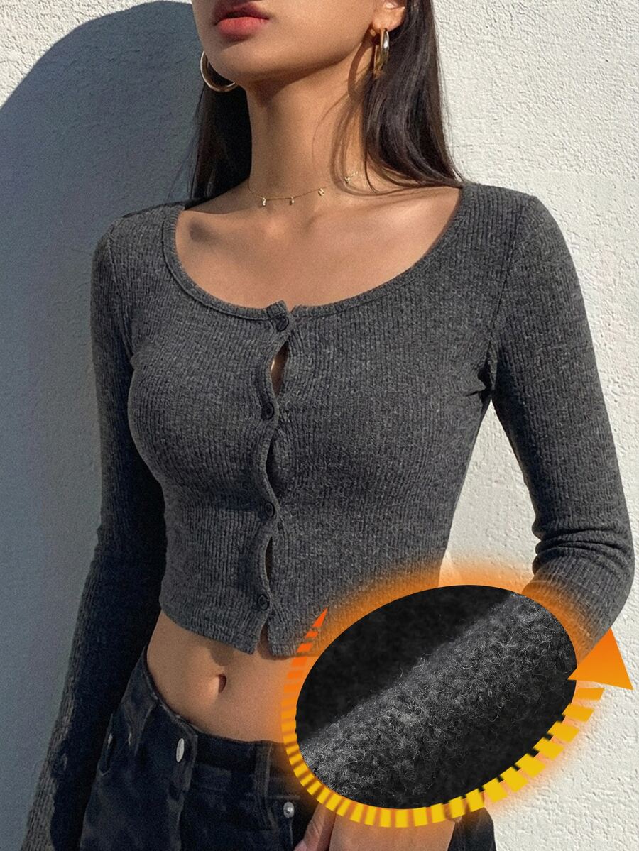 DAZY 女款休閒純色單排扣長袖短版上衣 Y2K 風格 - 灰色 - 查看 1
