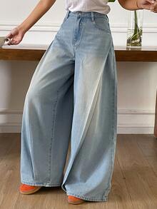DAZY Distressed Washed Faded Loose Wide Leg Casual Streetwear Vacation Autumn Winter Long Pants Women's Jeans - Blue - View 5
