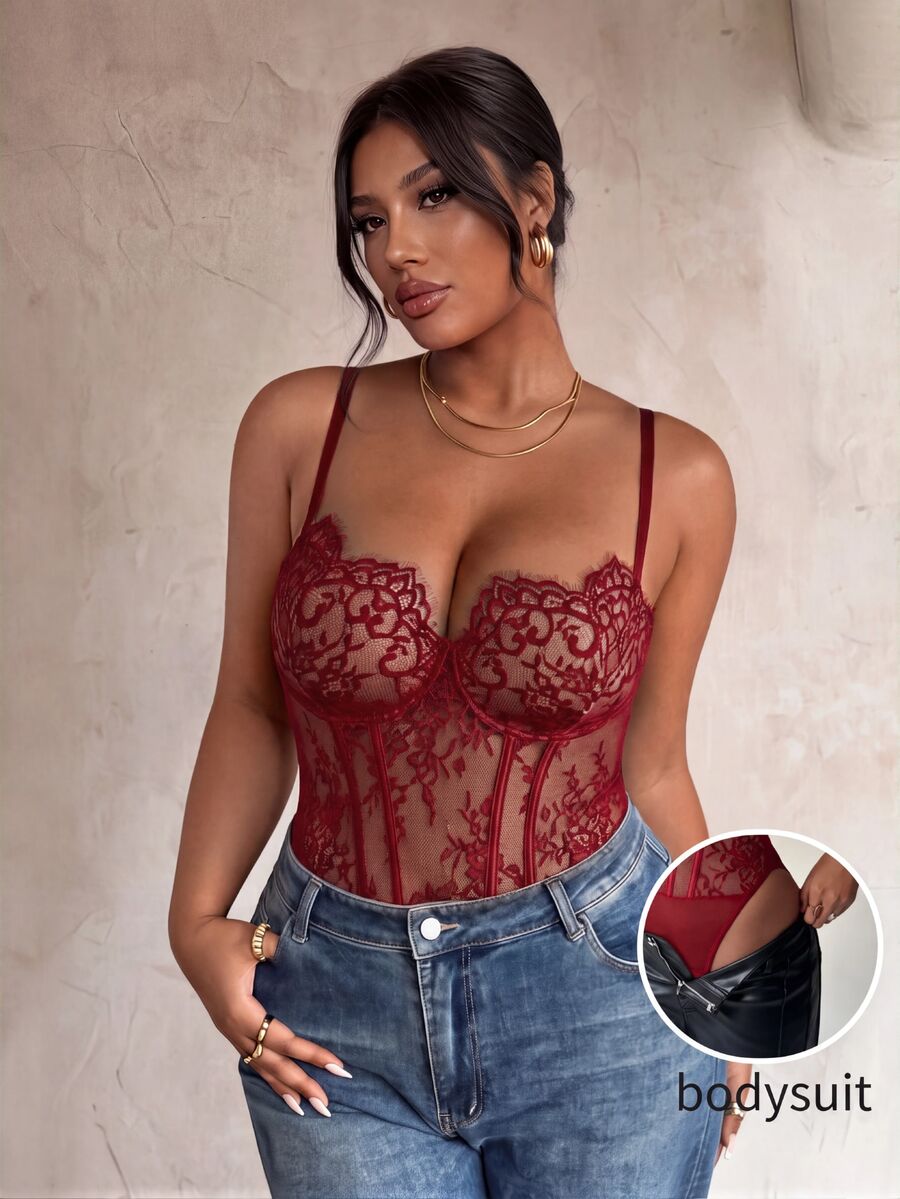 Firerie Plus Size Sexy Lace Boning Slim Fit Bodysuit For Hot Girls - Burgundy - View 1