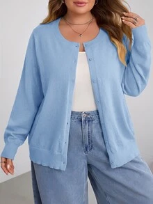 SHEIN CURVE+ Plus Size Casual Solid Color Round Neck Long Sleeved Loose Cut Women's Yellow Sweater Cardigan, Winter - Blue - View 7