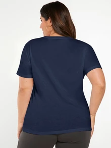 SHEIN BASICS Plus Solid Round Neck Tee Summer Tops - Navy Blue - View 2