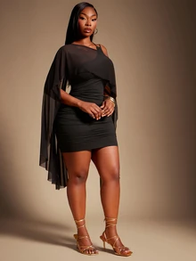 SHEIN SXY Plus Size Two-Piece Set: Black High-Elastic Knit Asymmetrical Halter Neck Tie Mini Fitted Dress With Folds And Mesh Asymmetrical Long-Sleeved Top. - Black - View 8