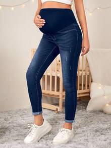 SHEIN 孕婦高腰修身休閒百搭牛仔褲 - 深色水洗藍 - 查看 4
