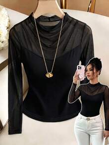 EMERY ROSE Women's Solid Color Stand Collar Long Sleeve Pleated Fashion Top - Beige - View 7