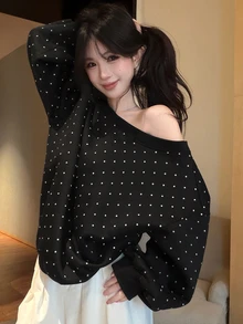 DAZY Sweatshirt Wanita Longgar Berlapisan Termal dengan Cetakan Huruf Personalisasi, Cocok untuk Musim Gugur - Hitam - View 8