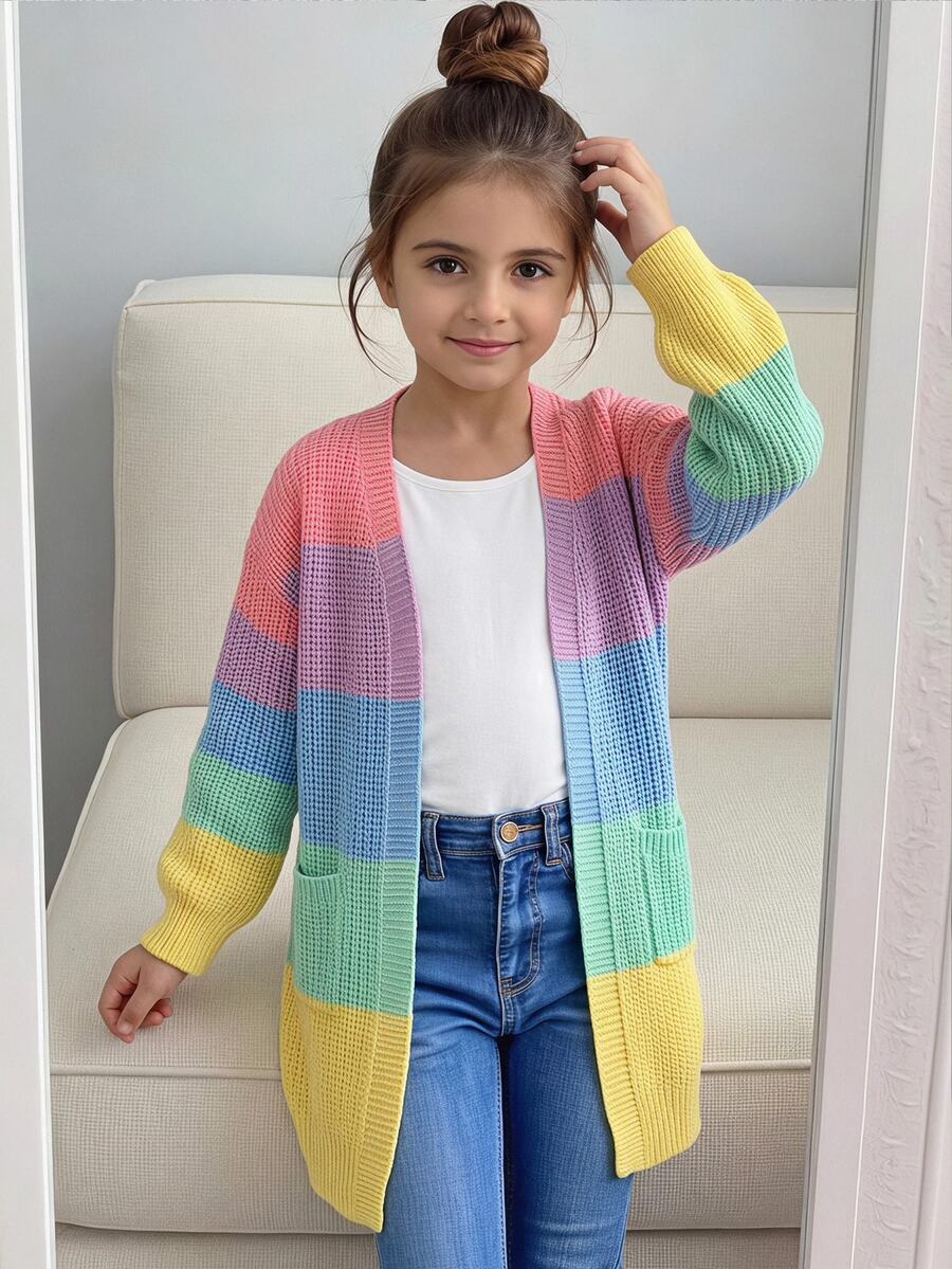 SHEIN Young Girls Young Girl Long Cardigan, Rainbow Color Block Cardigan, Suitable For Autumn/Winter, Back To School Season - Multicolor - View 1