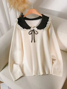CosyJoli Plus Size Autumn/Winter Casual Elegant Colorblock Peter Pan Collar Sweater Office Evening Black And White - Beige - View 5