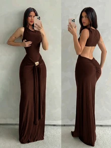 Aloruh Women's Spring/Summer Vacation New Brown Sleeveless Bodycon Fishtail Dress, Suitable For Street, Daily, Commuting - Brown - View 1