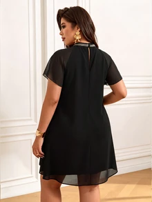 Femmeverse Women's Plus Size Summer New Pleated Halter Neck Flutter Sleeve Sequin Patchwork Cap Sleeve Party Dress High Waist Bodycon Dress - Black - View 2