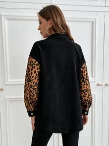SHEIN LUNE Women's Black And White Leopard Print Colorblock Patchwork Shirt Vintage Casual Loose Drop Shoulder Lapel Single-Breasted Cardigan Top Fall - Multicolor - View 2