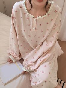 Dazy Plus Bow Print All-Over Floral Loose Casual Long Sleeve Cute Pajama Dress For Girls, Spring/Autumn - Pink - View 1