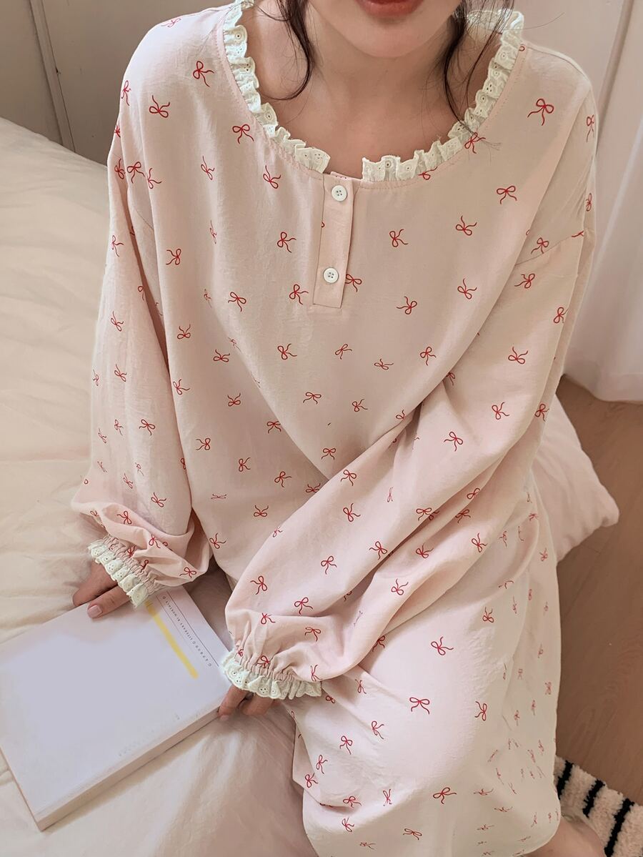 Dazy Plus Bow Print All-Over Floral Loose Casual Long Sleeve Cute Pajama Dress For Girls, Spring/Autumn - Pink - View 1