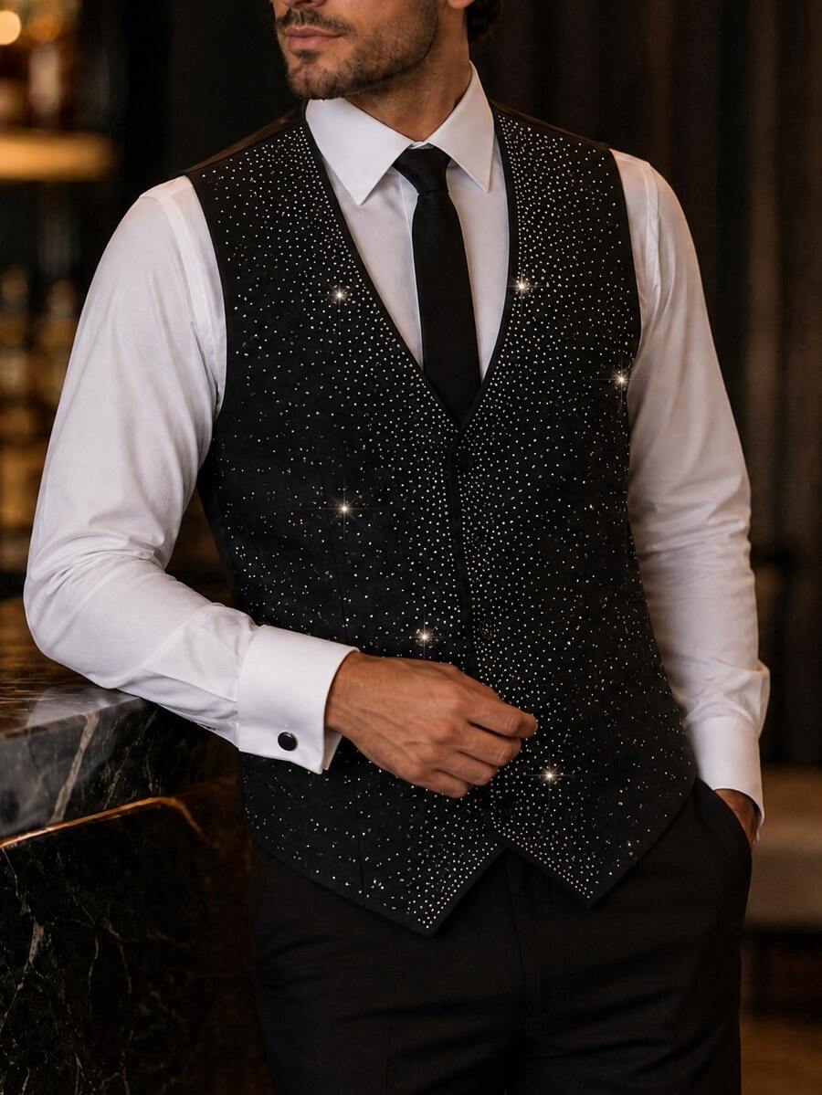 Manfinity AFTRDRK Men's Rhinestone V-Neck Single-Breasted Business Suit Vest - Multicolor - View 1