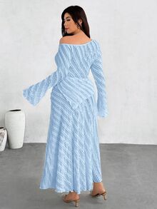 Firerie 大尺碼女款紋理不對稱單肩長袖上衣與裙子優雅兩件套 - 藍色 - 查看 3