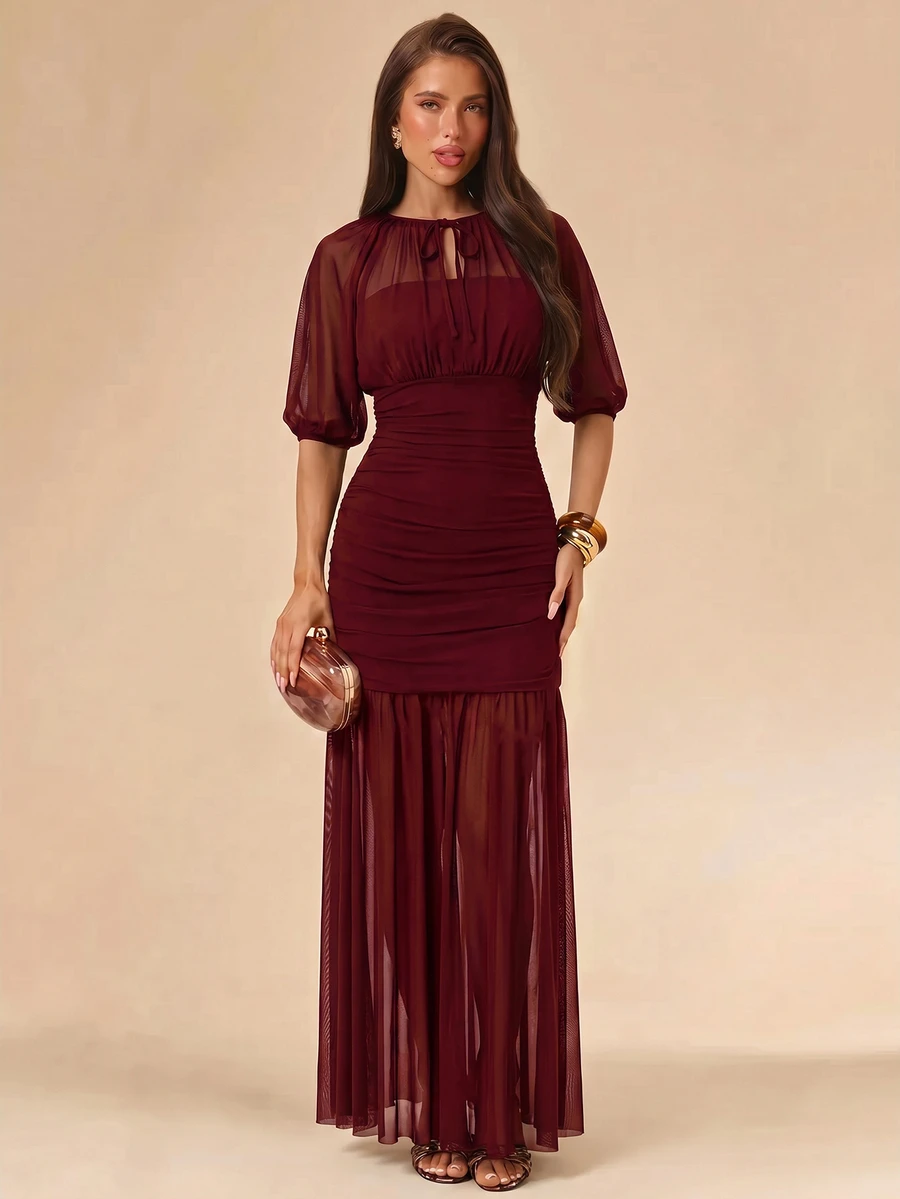 SHEIN BAE Gaun Pesta Wanita Elegan Berwarna Polos - Burgundy - View 1
