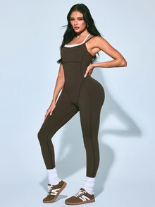 SHEIN Sovereign Charm Contrast Color Slim Fit Spaghetti Strap Sports Jumpsuit - Coffee Brown - View 6
