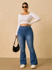 SHEIN MOD Plus Size Women's Elastic Waist Casual Versatile Flare Jeans - Medium Wash - View 3
